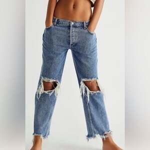 Free People Maggie Mid-Rise Straight-Leg Cropped Jeans Blue Sz 32
